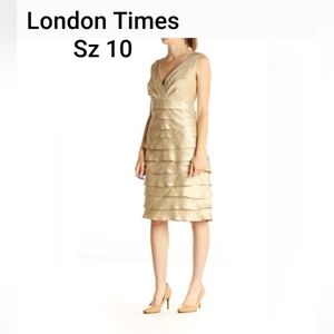 London Times Beige Dress Sleeveless Tiered Ruffle Sheath Formal Cocktail Sz. 10